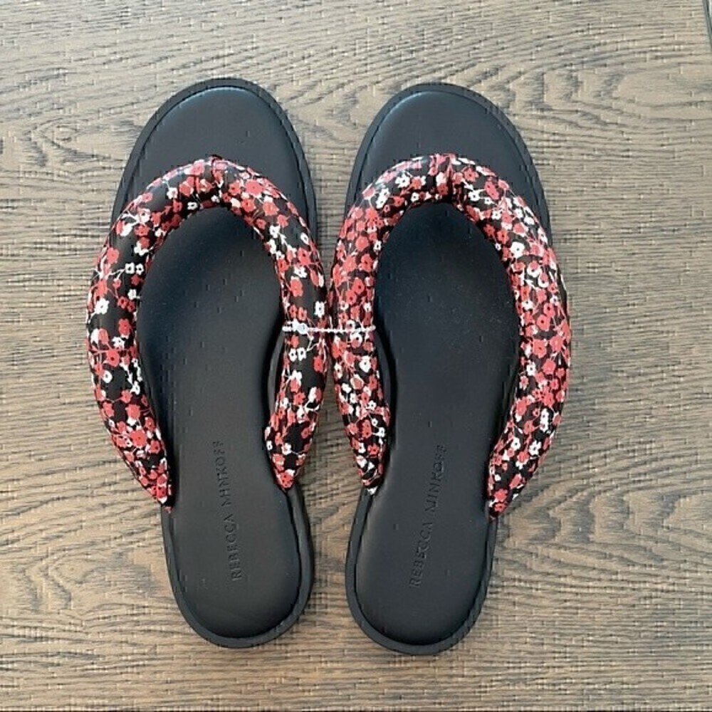 Black Flip Flop Sandals with Pink Floral Rope Straps - Picture 5 of 6